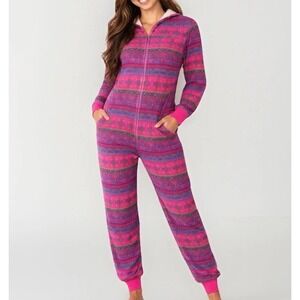 Natural Life Sherpa Fleece One Piece Pajamas Womens M Boho Fair Isle Cozy